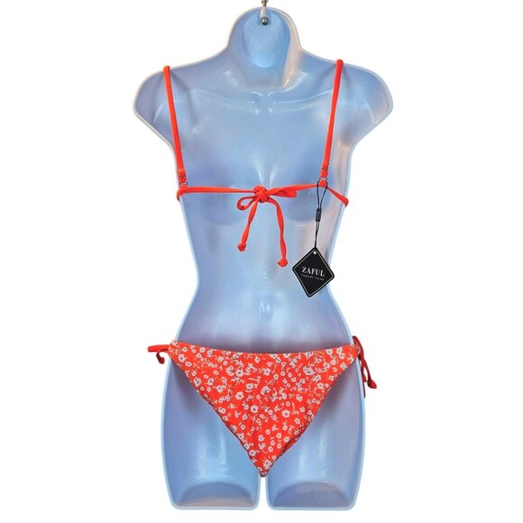 Womens Med/6 Orange Floral Triangle Bikini Set Adjustable Straps Tie Side Bottom - Picture 4 of 12